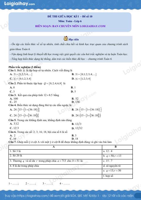 Đề thi giữa kì 1 Toán 6 - Đề số 10